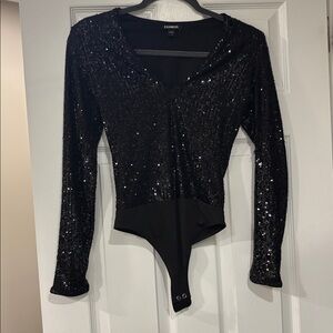 Express Black Sequin Long-Sleeve V-Neck Bodysuit